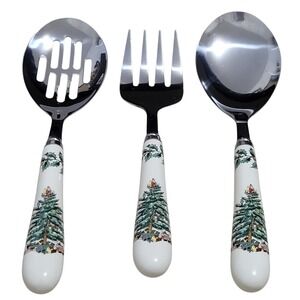Spode Christmas Tree 3 Pc Serving Utensil Set Spoon Fork Slotted Spoon Holiday